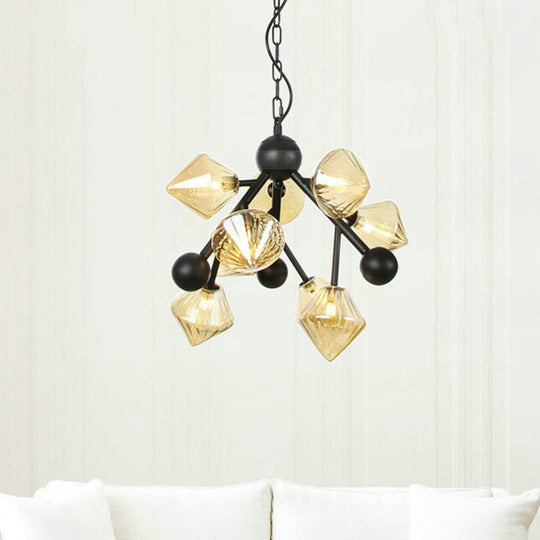 Modern Amber Glass Pyramid Chandelier - 9 Head Pendant Light For Dining Room Ceiling