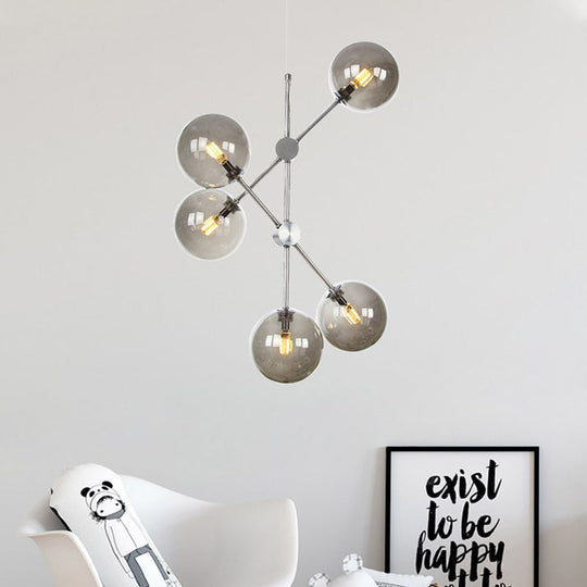 Contemporary Smoke Glass Ball Pendant Chandelier - 5 Bulbs Ceiling Light For Bedroom