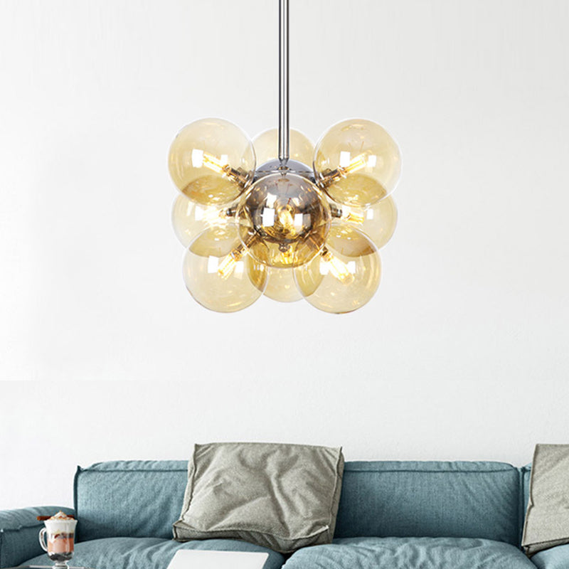 Modern Chrome Pendant Chandelier With Amber Glass Shade - 9 Heads Orb Lighting Fixture