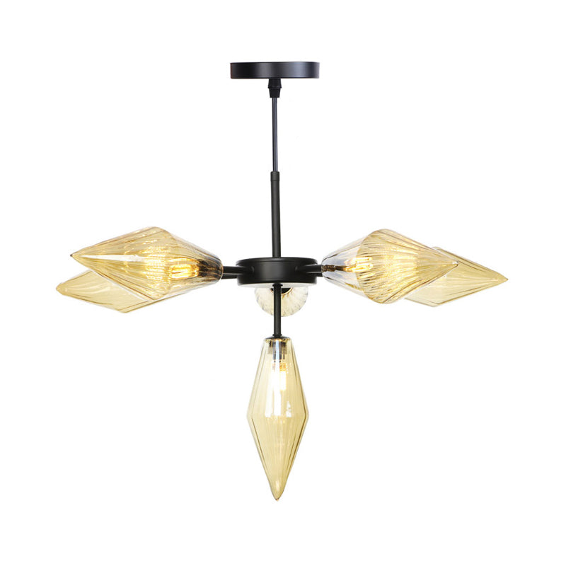 Modern Black Tapered Chandelier Lamp With 6 Amber Glass Heads - Stylish Ceiling Pendant Light