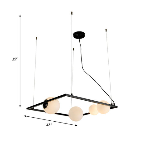 Modern Black Frame Chandelier Lamp With Opal Glass Shade - 4 Heads Pendant Light Fixture