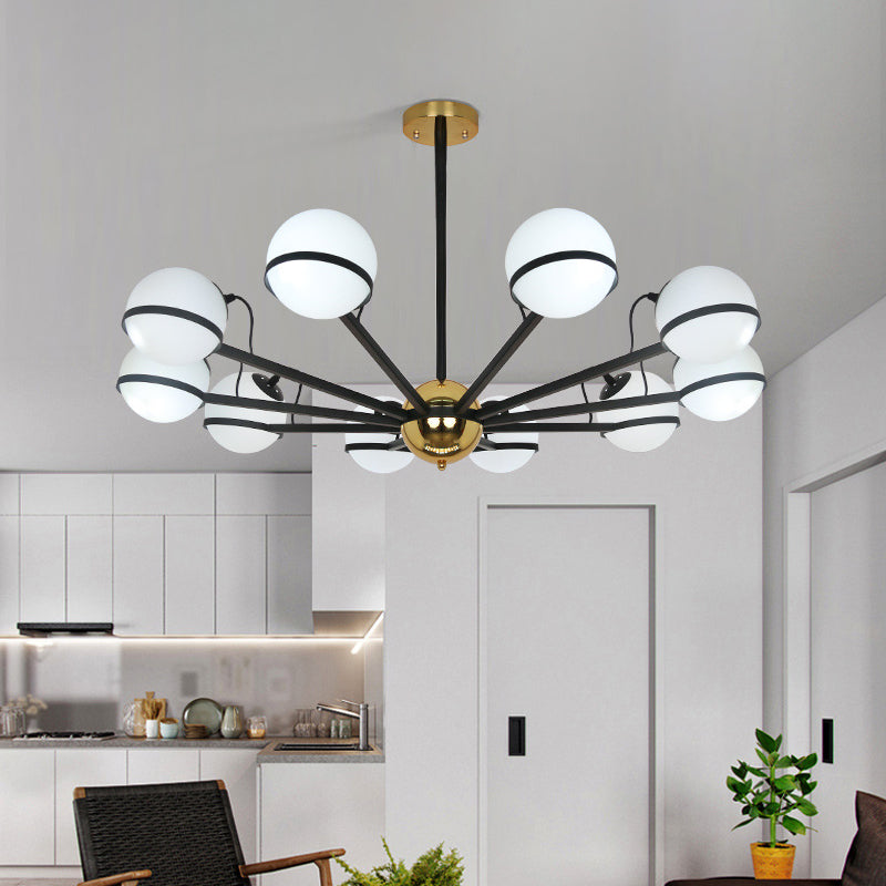 Modernist Round Hanging Chandelier - Frosted White Glass 6/8/10 Bulbs Black Pendant Light Fixture