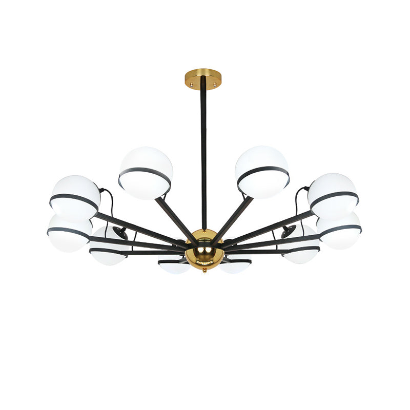 Modernist Round Hanging Chandelier - Frosted White Glass 6/8/10 Bulbs Black Pendant Light Fixture