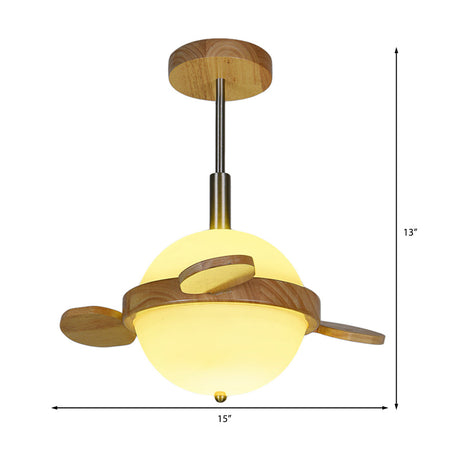 Wooden Semi Flush Mount Milk Glass Globe Light - Nordic Design Ideal For Balcony 15W