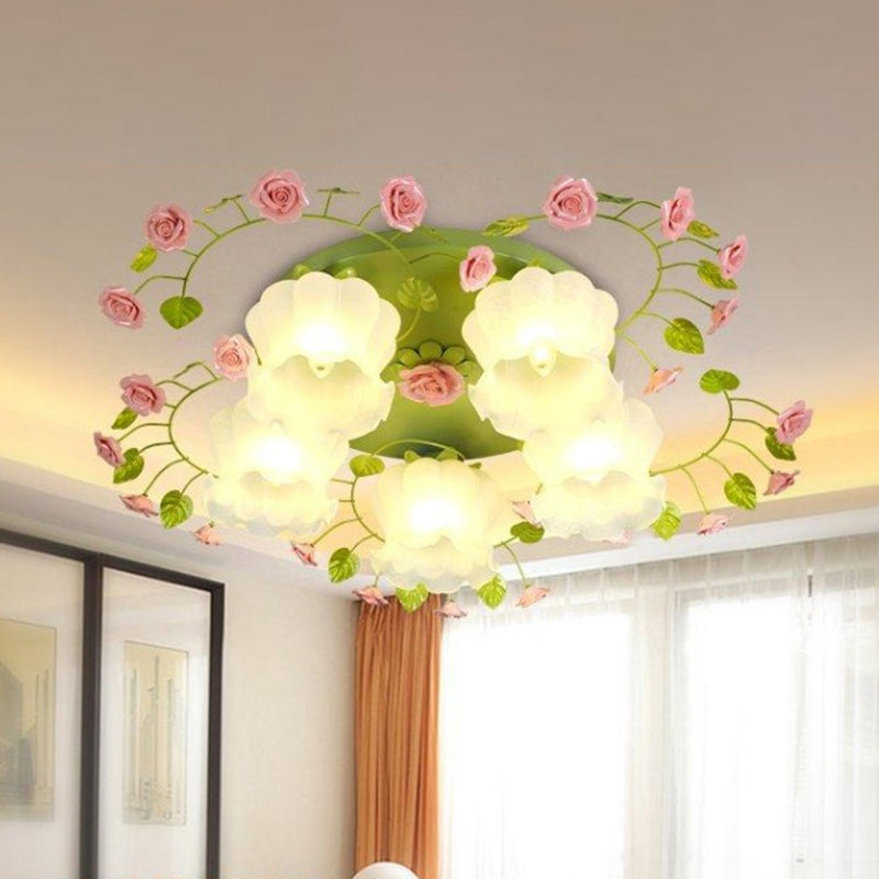 Traditional Green Glass Rose Ceiling Lighting: 5-Head Bedroom Flush Mount Fixture