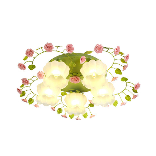 Traditional Green Glass Rose Ceiling Lighting: 5-Head Bedroom Flush Mount Fixture