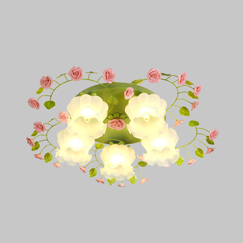 Traditional Green Glass Rose Ceiling Lighting: 5 - Head Bedroom Flush Mount Fixture