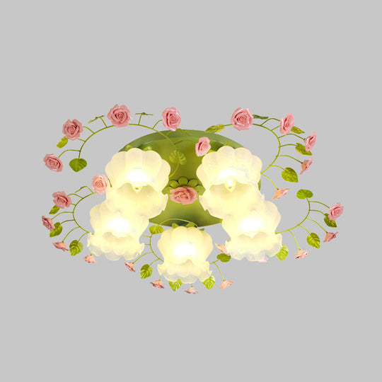 Traditional Green Glass Rose Ceiling Lighting: 5-Head Bedroom Flush Mount Fixture