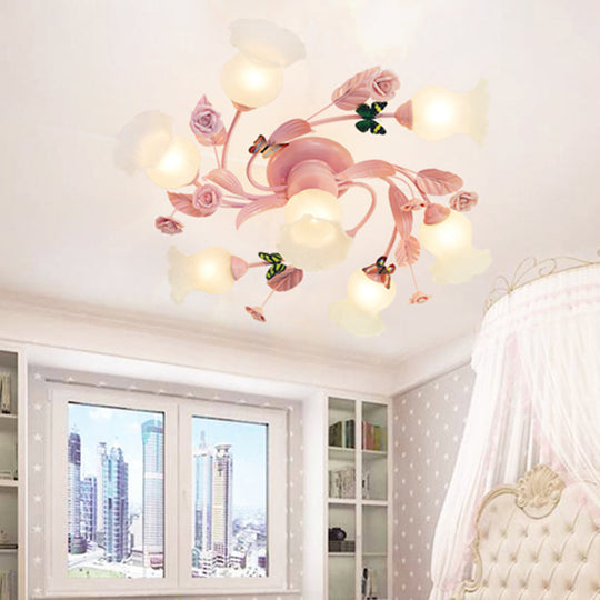 Semi Flush Mount Spiral Ceiling Light Fixture With 4/7 Bulbs Traditional Pink Satin Opal Glass