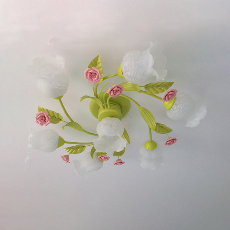 Green Opaque Glass Spiral Bedroom Ceiling Light Fixture - Semi - Flush Mount (4/7 Bulbs)