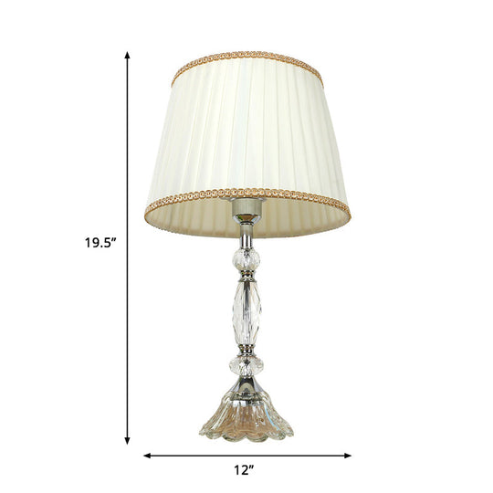 Traditional Crystal Base Table Lamp With Pleated Shade - White Fabric Night Light 1-Light