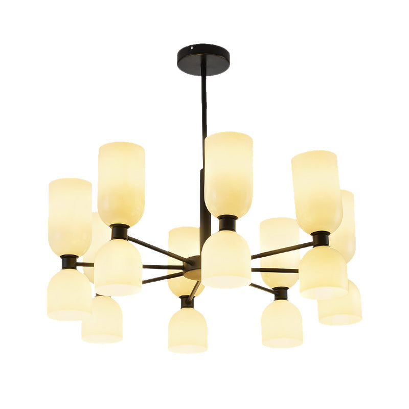 16-Head Modernist Chandelier Lamp In Black/Gold With Cylinder Pendant Light & Glass Shade