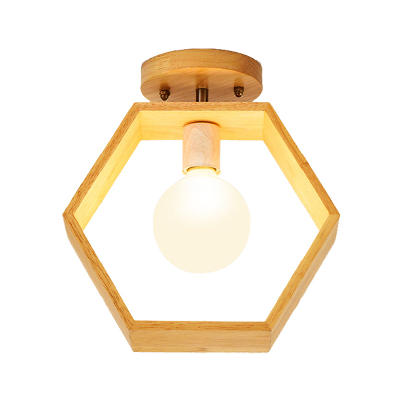 Modern Wood Semi Flush Mount Light - Triangle/Square/Pentagon Shape With White Glass 1 Head Ceiling