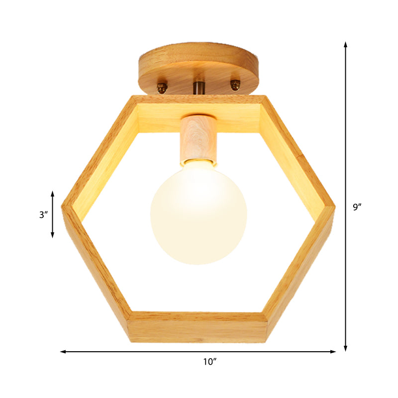 Modern Wood Semi Flush Mount Light - Triangle/Square/Pentagon Shape With White Glass 1 Head Ceiling