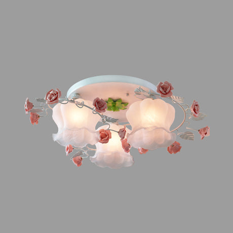 Rose Countryside Pink Ceiling Mount Flush Light Fixture With Mouth Blown Opal Glass For Bedroom -