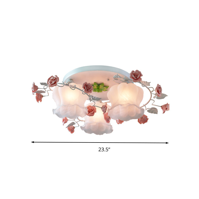 Rose Countryside Pink Ceiling Mount Flush Light Fixture With Mouth Blown Opal Glass For Bedroom -