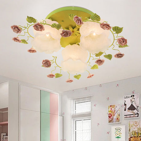 Traditional Floral Glass Ceiling Fixture With Flush Mount For Living Room 3/5 Bulbs In Pink/Green 3