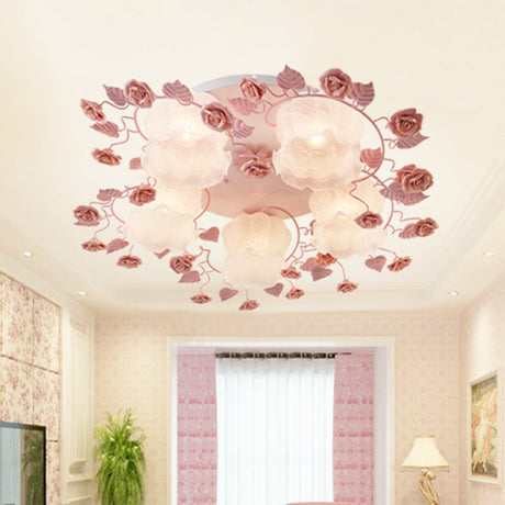 Traditional Floral Glass Ceiling Fixture With Flush Mount For Living Room 3/5 Bulbs In Pink/Green