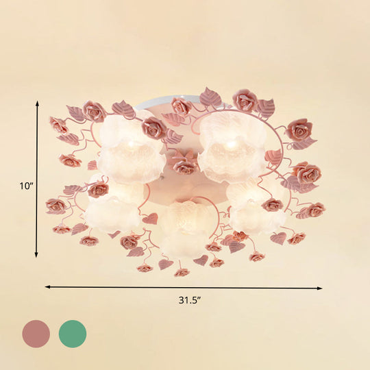 Traditional Floral Glass Ceiling Fixture With Flush Mount For Living Room 3/5 Bulbs In Pink/Green