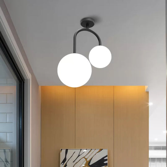 Modernist Milk Glass Ceiling Light Fixture - Semi Flush Mount With 2 Spherical Heads In Elegant