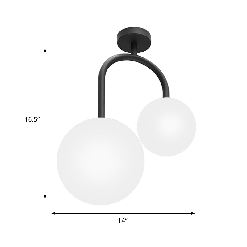 Modernist Milk Glass Ceiling Light Fixture - Semi Flush Mount With 2 Spherical Heads In Elegant