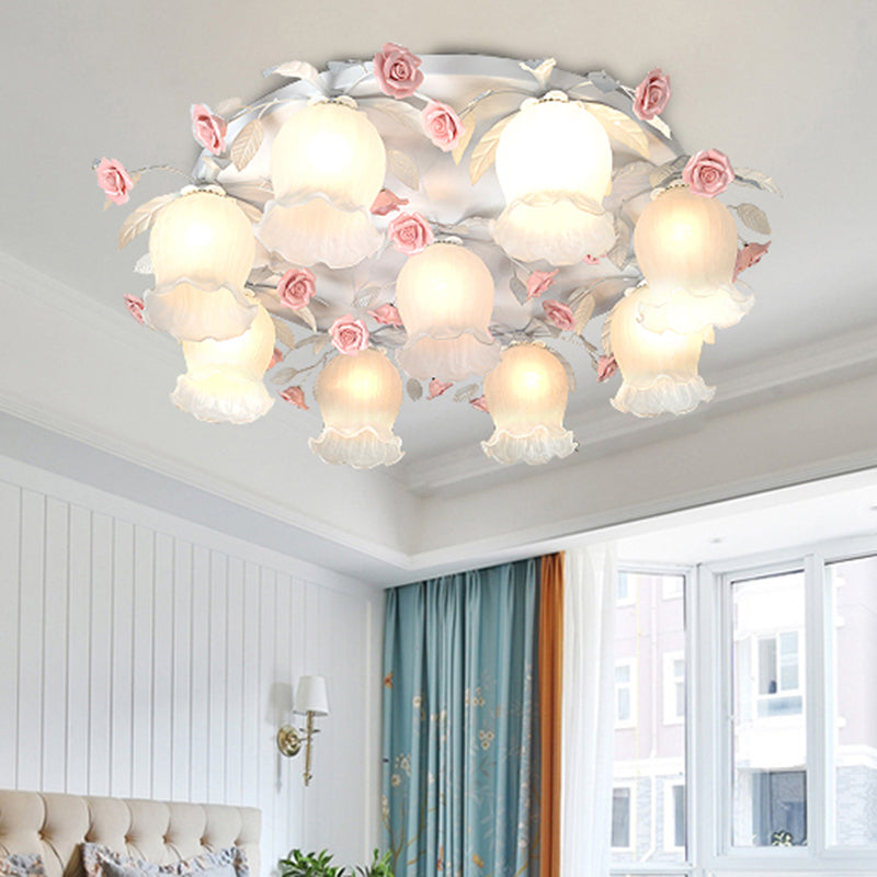 9 - Head White Glass Rose Ceiling Light - Countryside Flush Mount For Living Room