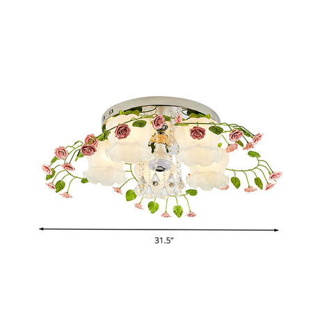 Bloom Crystal Flush Mount Ceiling Light With 5 Bulbs And White Glass Shade For Living Room
