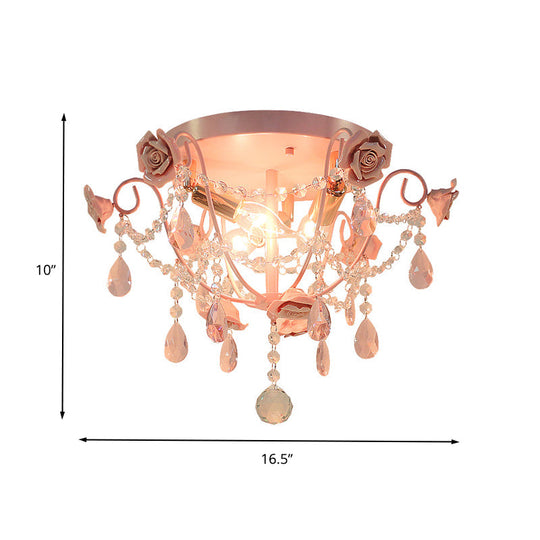 Pastoral Pink Crystal Flush Mount Ceiling Light With Exposed Bulbs - 3 Heads