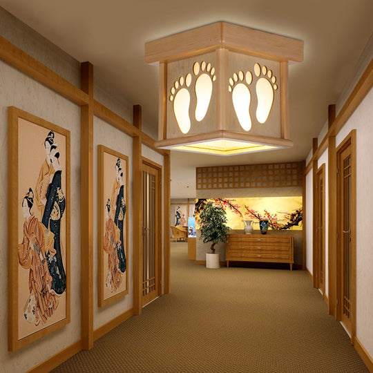 Nordic Wood Square Close To Ceiling Light - 10’ W Flush Mount Fixture With Footprints For Dining