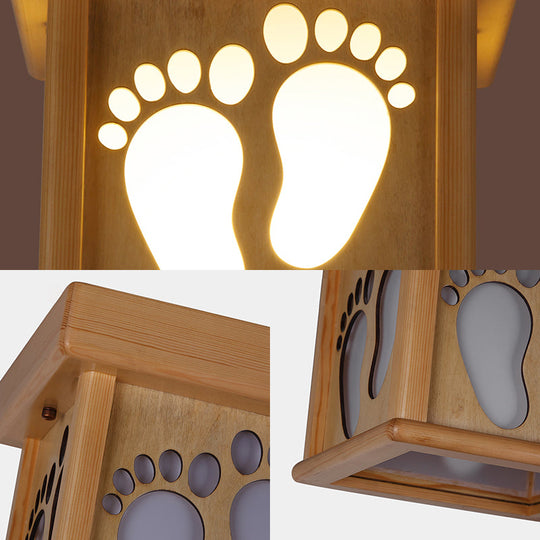 Nordic Wood Square Close To Ceiling Light - 10’ W Flush Mount Fixture With Footprints For Dining