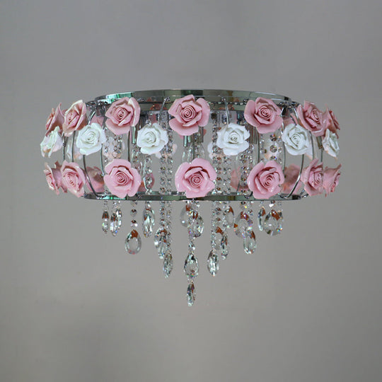 Traditional Pink Crystal Ceiling Mounted Drum Fixture - 6/8 Bulbs Flush Mount Lamp For Living Room 6