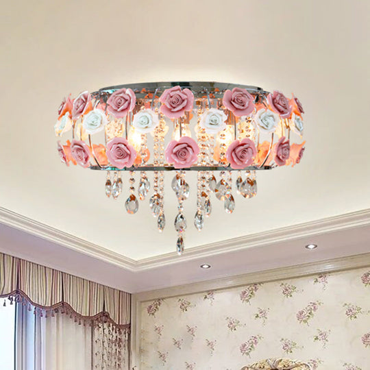 Traditional Pink Crystal Ceiling Mounted Drum Fixture - 6/8 Bulbs Flush Mount Lamp For Living Room