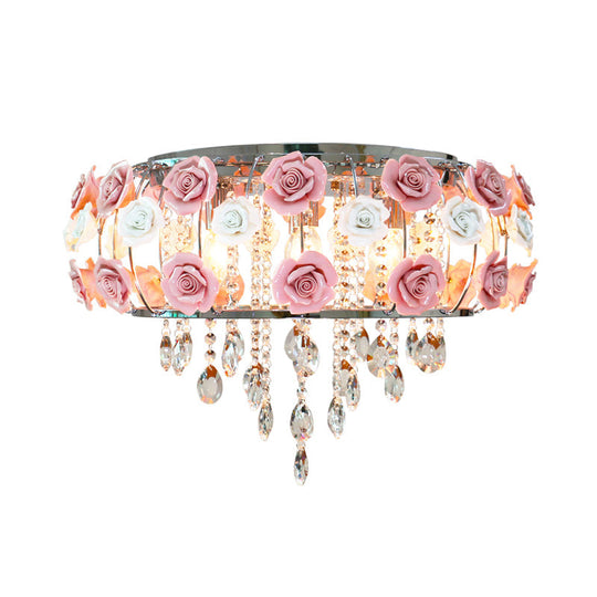 Traditional Pink Crystal Ceiling Mounted Drum Fixture - 6/8 Bulbs Flush Mount Lamp For Living Room