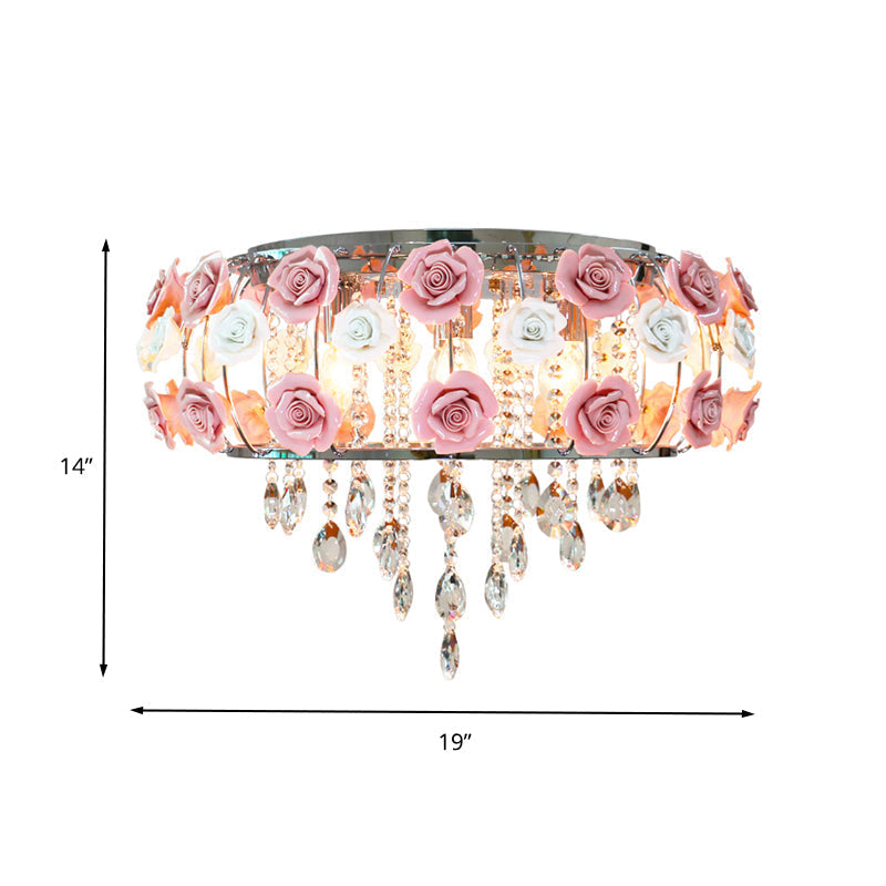 Traditional Pink Crystal Ceiling Mounted Drum Fixture - 6/8 Bulbs Flush Mount Lamp For Living Room