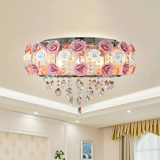 Traditional Pink Crystal Ceiling Mounted Drum Fixture - 6/8 Bulbs Flush Mount Lamp For Living Room 8