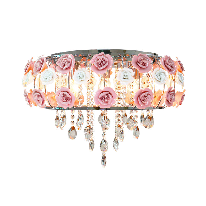 Traditional Pink Crystal Ceiling Mounted Drum Fixture - 6/8 Bulbs Flush Mount Lamp For Living Room