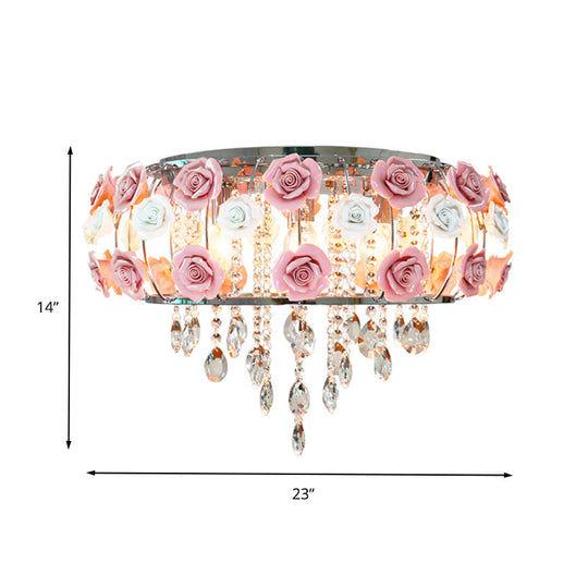Traditional Pink Crystal Ceiling Mounted Drum Fixture - 6/8 Bulbs Flush Mount Lamp For Living Room