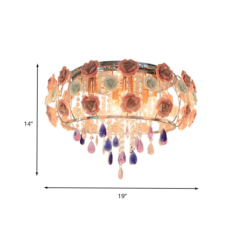 Traditional Crystal Flush Mount Light With Pink Drum Shade - 6/8 Bulbs Bedroom Close To Ceiling Lamp