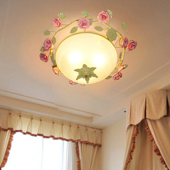 Green 3-Light Flush Mount Bowl Ceiling Light For Living Room - Country Style (19/23 Width)