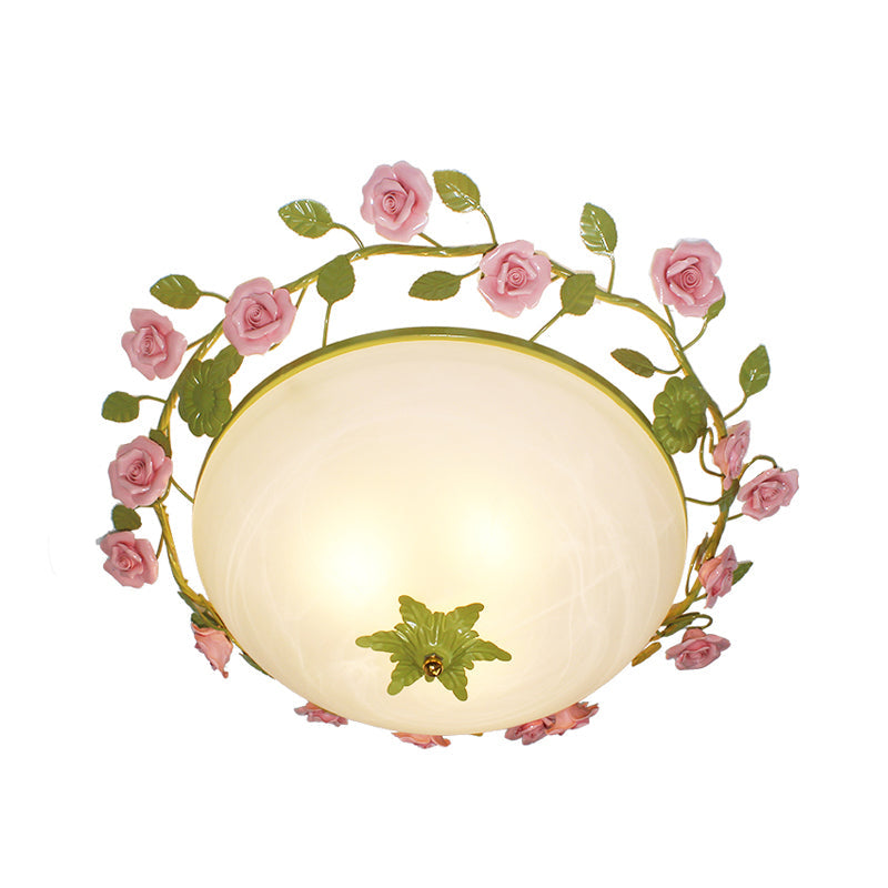 Green 3-Light Flush Mount Bowl Ceiling Light For Living Room - Country Style (19/23 Width)