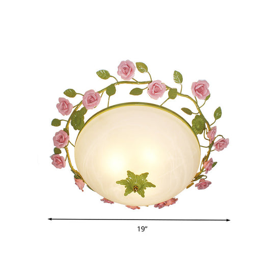 Green 3-Light Flush Mount Bowl Ceiling Light For Living Room - Country Style (19/23 Width)