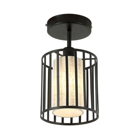 Black Metal Cage Ceiling Flush Mount Lamp With Conical/Cylindrical Shade - Simple Semi - Flushmount