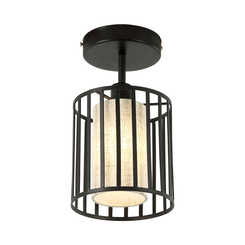 Black Metal Cage Ceiling Flush Mount Lamp With Conical/Cylindrical Shade - Simple Semi-Flushmount