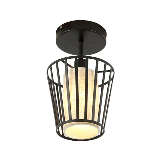 Black Metal Cage Ceiling Flush Mount Lamp With Conical/Cylindrical Shade - Simple Semi - Flushmount