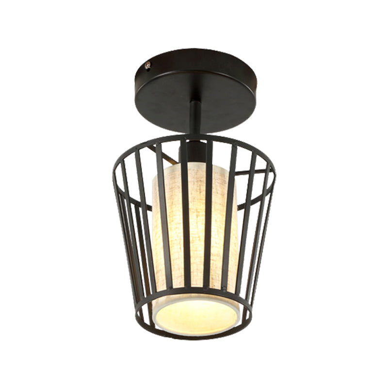 Black Metal Cage Ceiling Flush Mount Lamp With Conical/Cylindrical Shade - Simple Semi-Flushmount