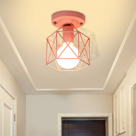 Minimalist Metal Frame Ceiling Mounted Light With White Pink And Green Accents - Ideal For Cloakroom