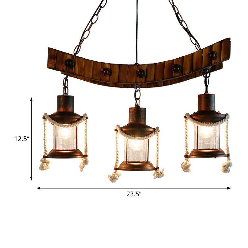 Dark Brown Glass Chandelier Light Lantern - 3 Lights Warehouse Ceiling Fixture For Kitchen
