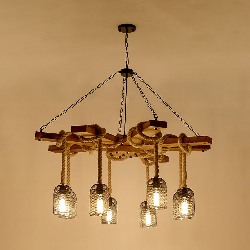 Rustic Caged Dining Room Chandelier Pendant With Retro Metallic Finish - 3/6/8 Lights & Wooden