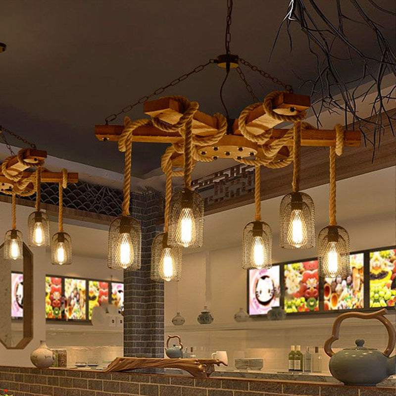 Rustic Caged Dining Room Chandelier Pendant With Retro Metallic Finish - 3/6/8 Lights & Wooden