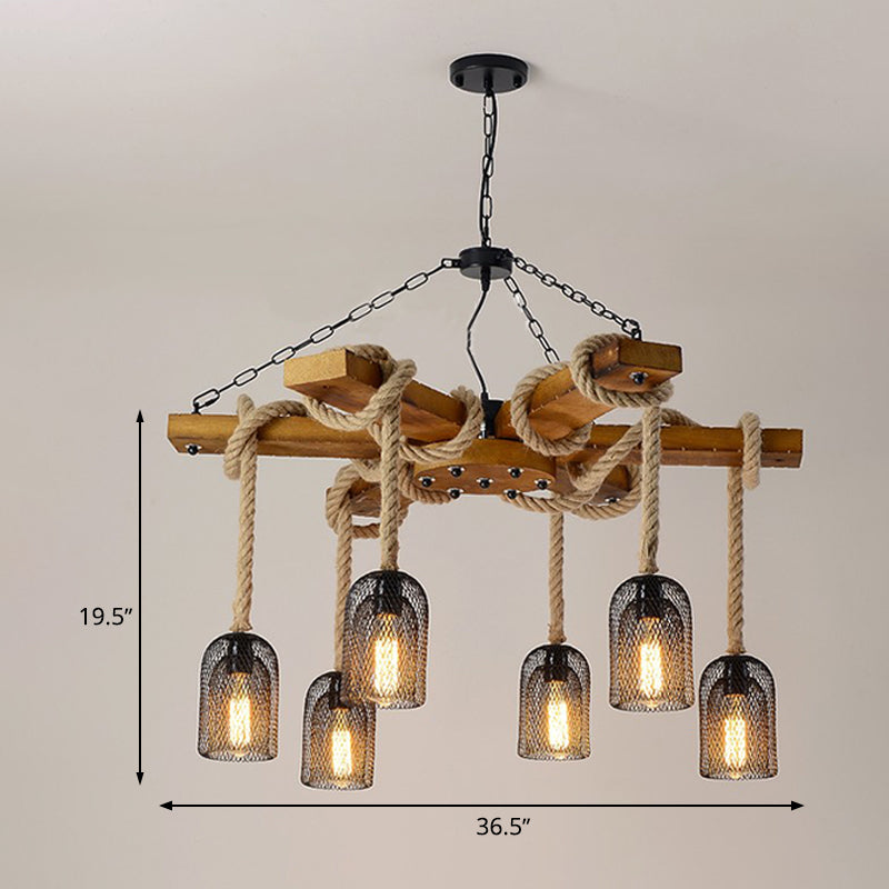 Rustic Caged Dining Room Chandelier Pendant With Retro Metallic Finish - 3/6/8 Lights & Wooden